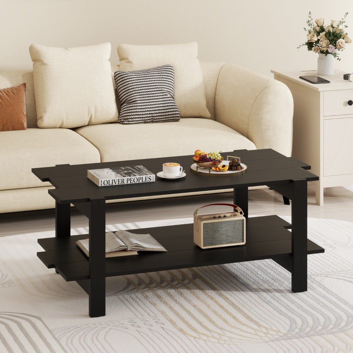 2-Tier Coffee Table with Storage Shelf for Living Room-Walnut