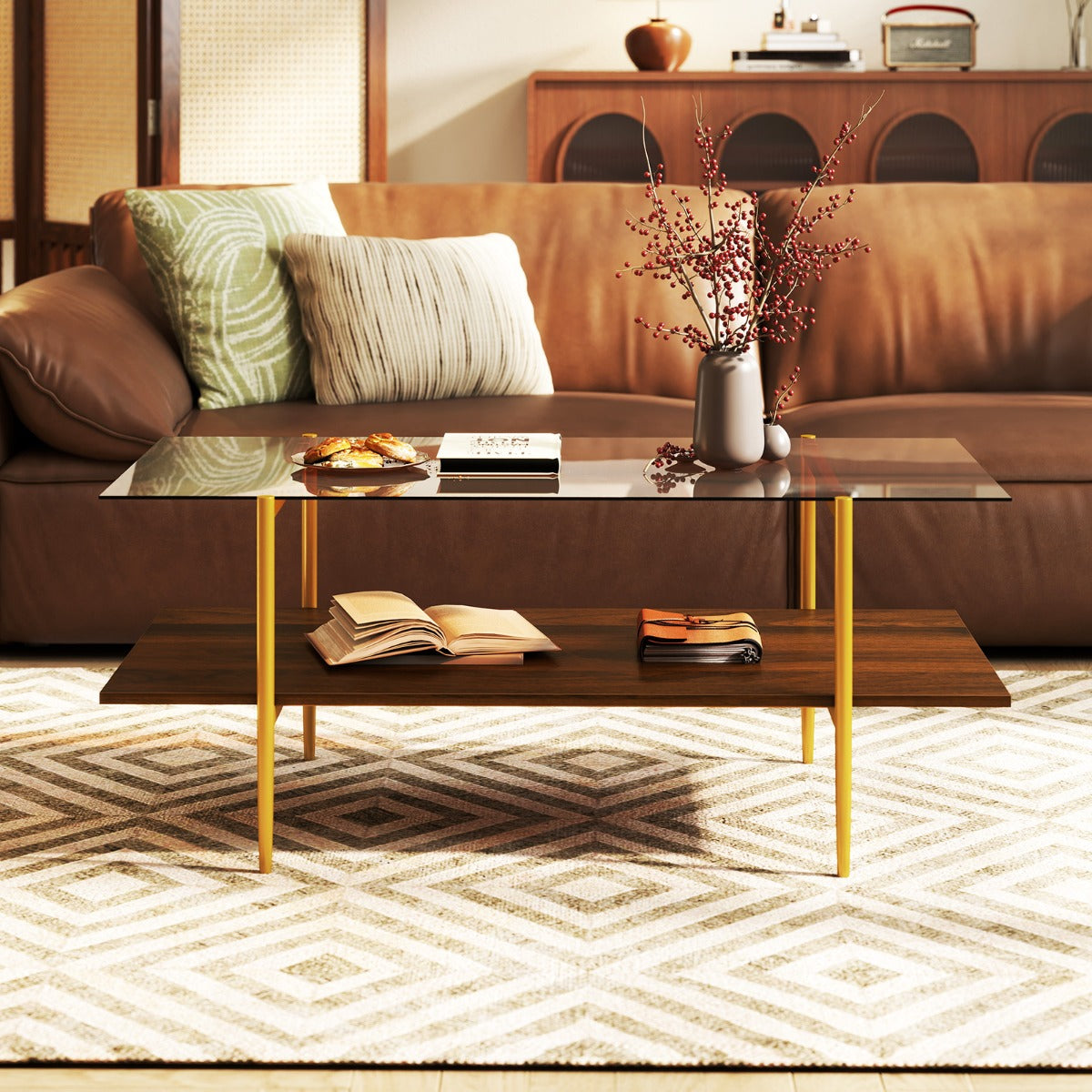 2-Tier Glass Coffee Table with Tampered Glass Tabletop & Open Storage Shelf-Brown