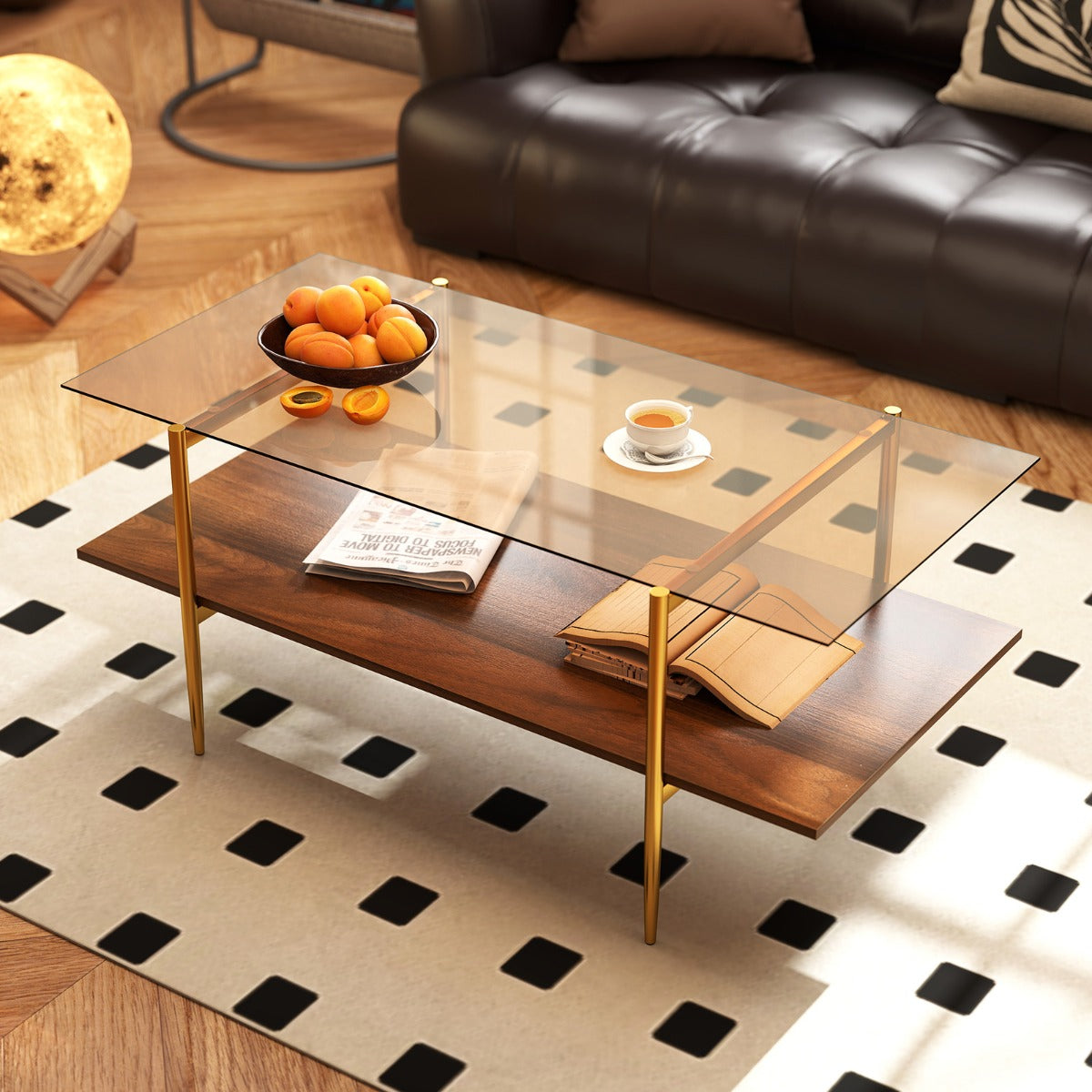 2-Tier Glass Coffee Table with Tampered Glass Tabletop & Open Storage Shelf-Brown
