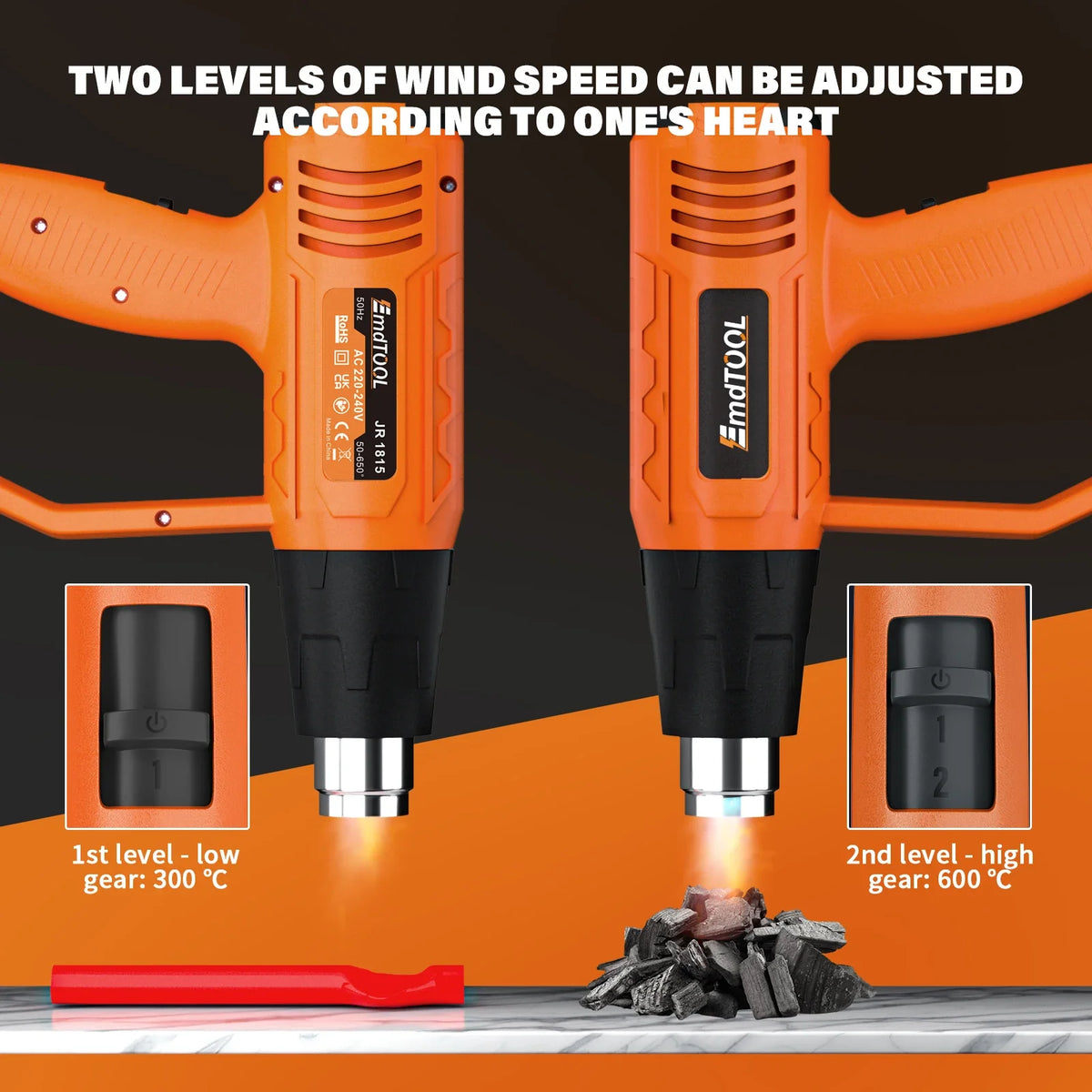 2000W Heavy Duty Heat Gun with Variable Temperature Control & 4 Nozzles DIY Hot