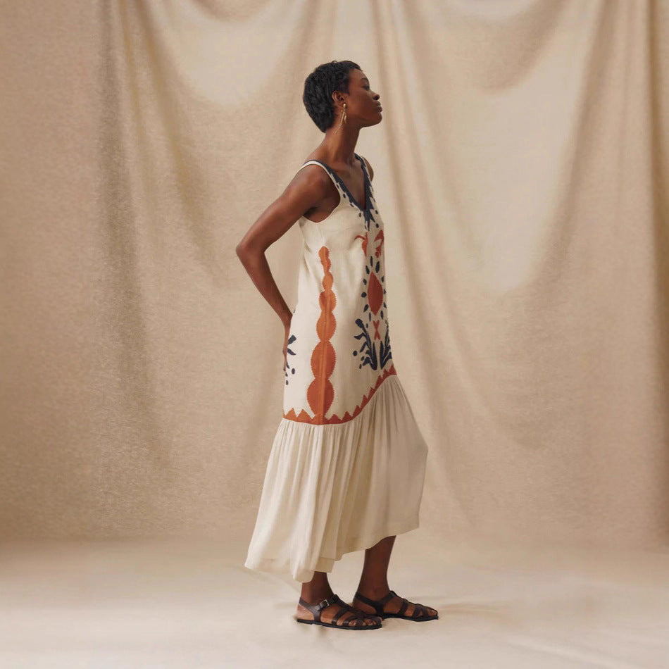 Ethnic Style Sun Totem Printed V-neck Sling Dress