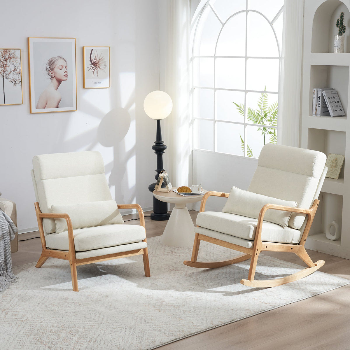 100*65*101cm High Back Belt Waist Pillow Log Color Solid Wood Armrest Backrest Seat Frame Iron Frame  Indoor Rocking Chair/armchair dual use Off-white Linen
