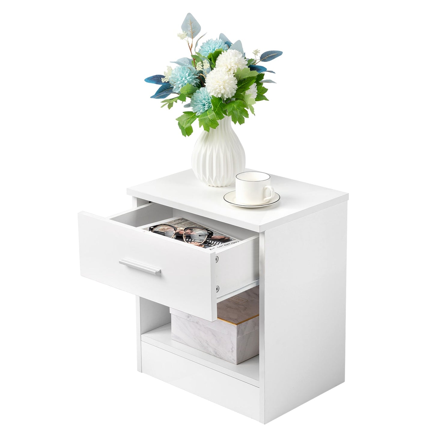 Set of 2 White Bedside Tables with Drawer & Shelf - 2-Tier Nightstands