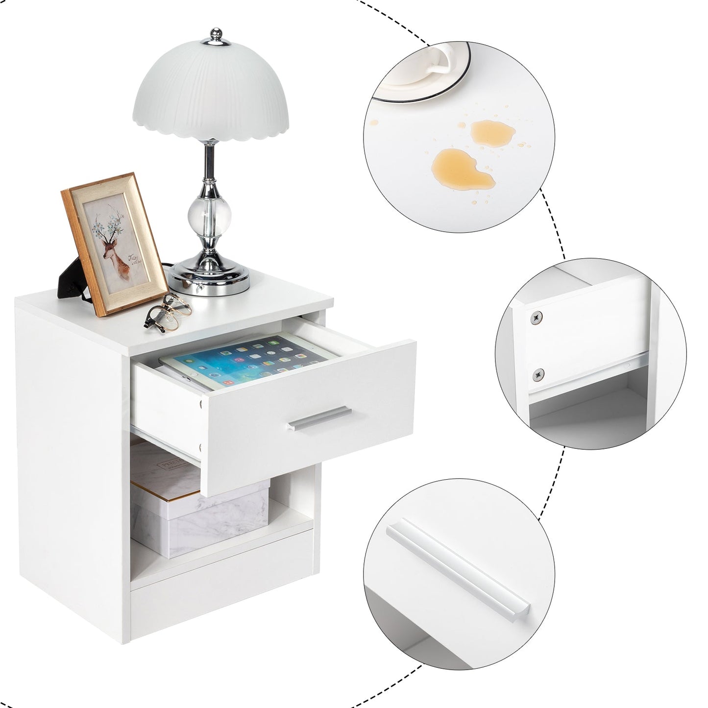 Set of 2 White Bedside Tables with Drawer & Shelf - 2-Tier Nightstands