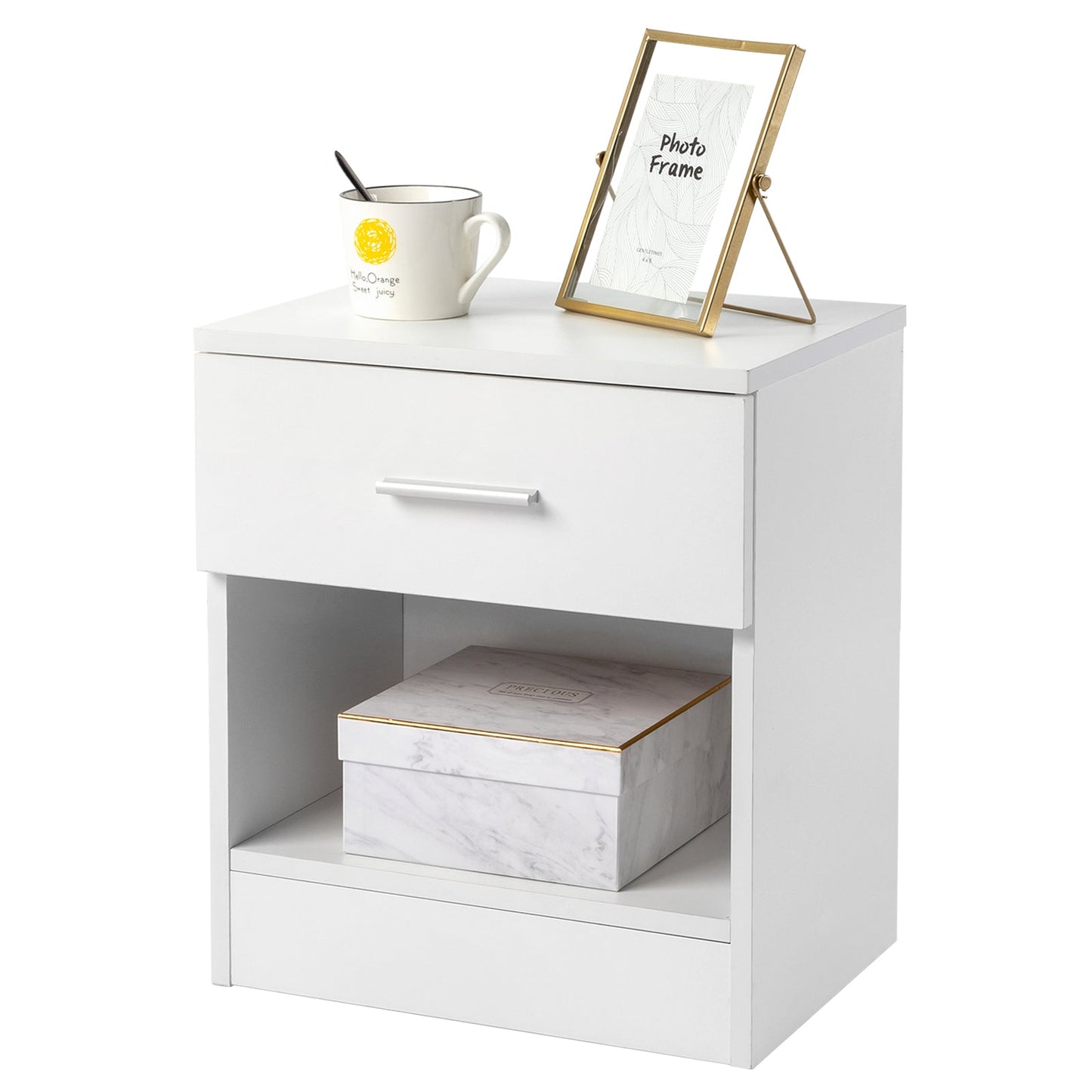Set of 2 White Bedside Tables with Drawer & Shelf - 2-Tier Nightstands