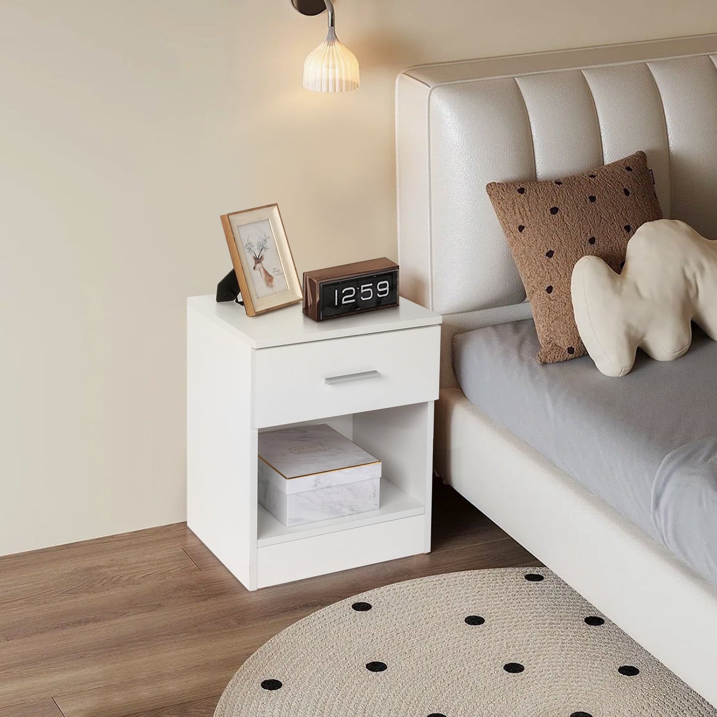 Set of 2 White Bedside Tables with Drawer & Shelf - 2-Tier Nightstands