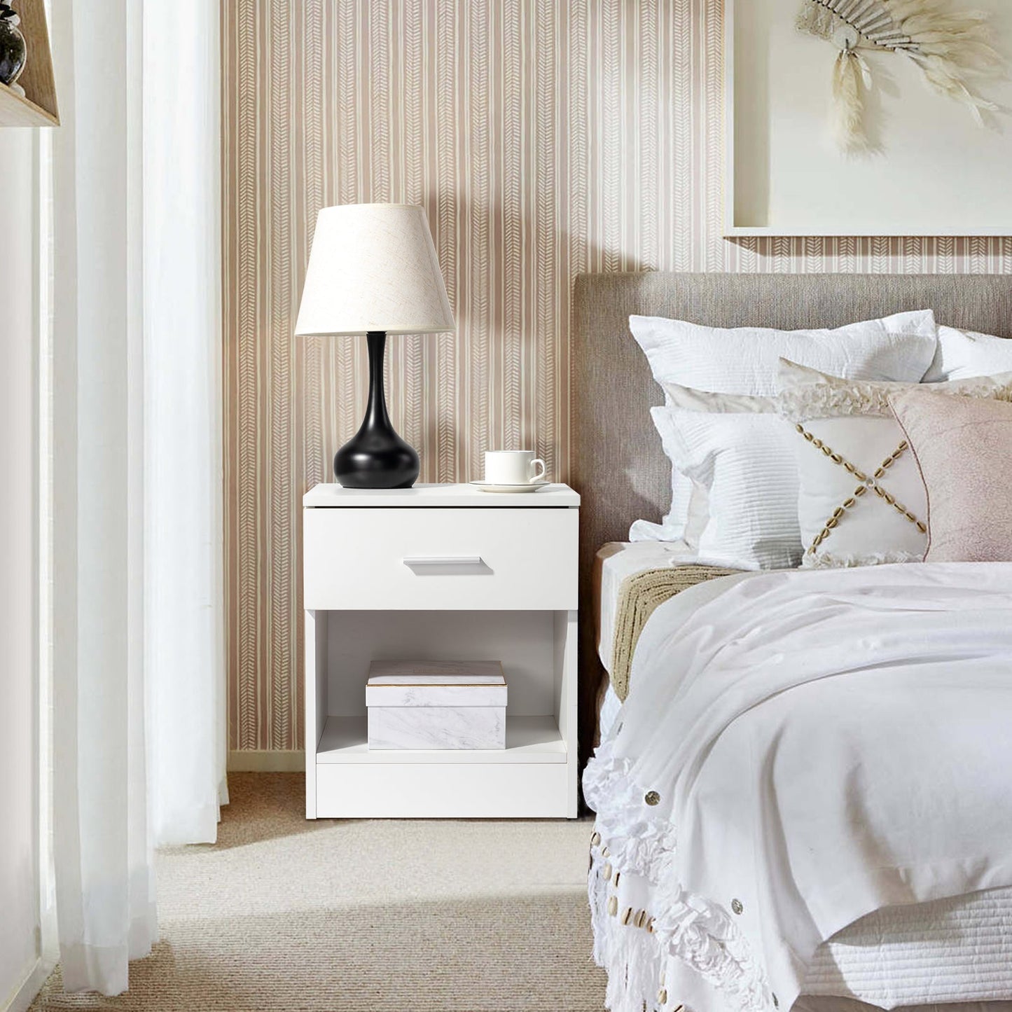 Set of 2 White Bedside Tables with Drawer & Shelf - 2-Tier Nightstands
