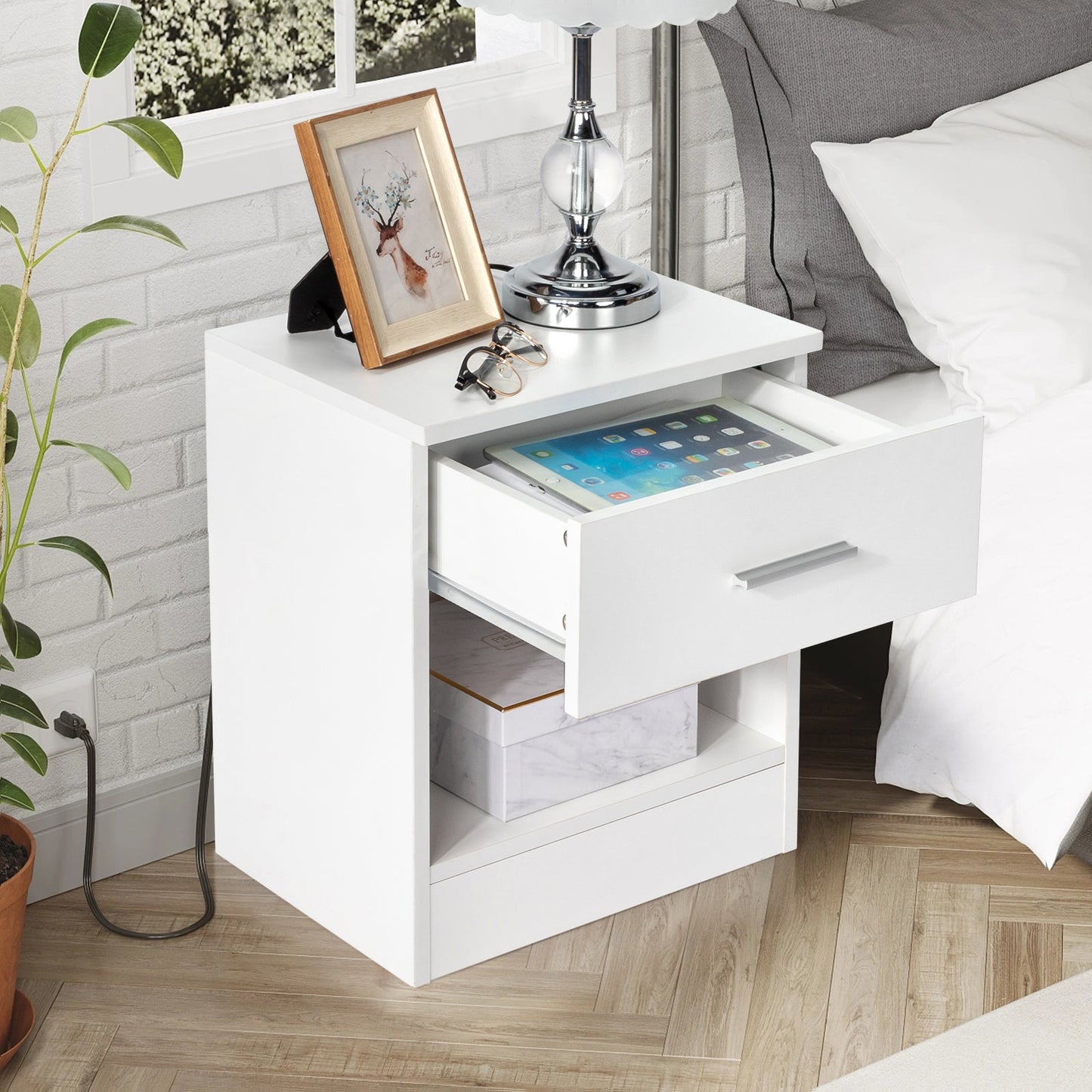 Set of 2 White Bedside Tables with Drawer & Shelf - 2-Tier Nightstands