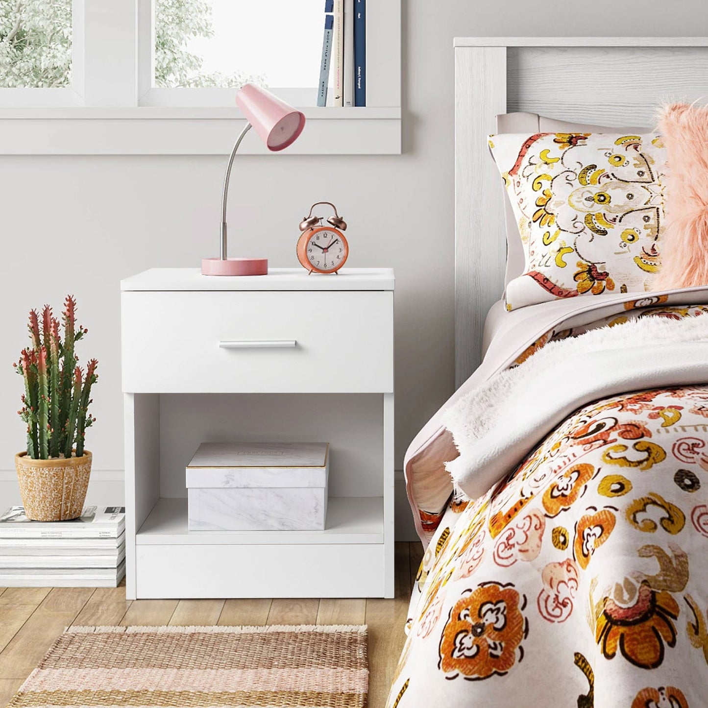 Set of 2 White Bedside Tables with Drawer & Shelf - 2-Tier Nightstands