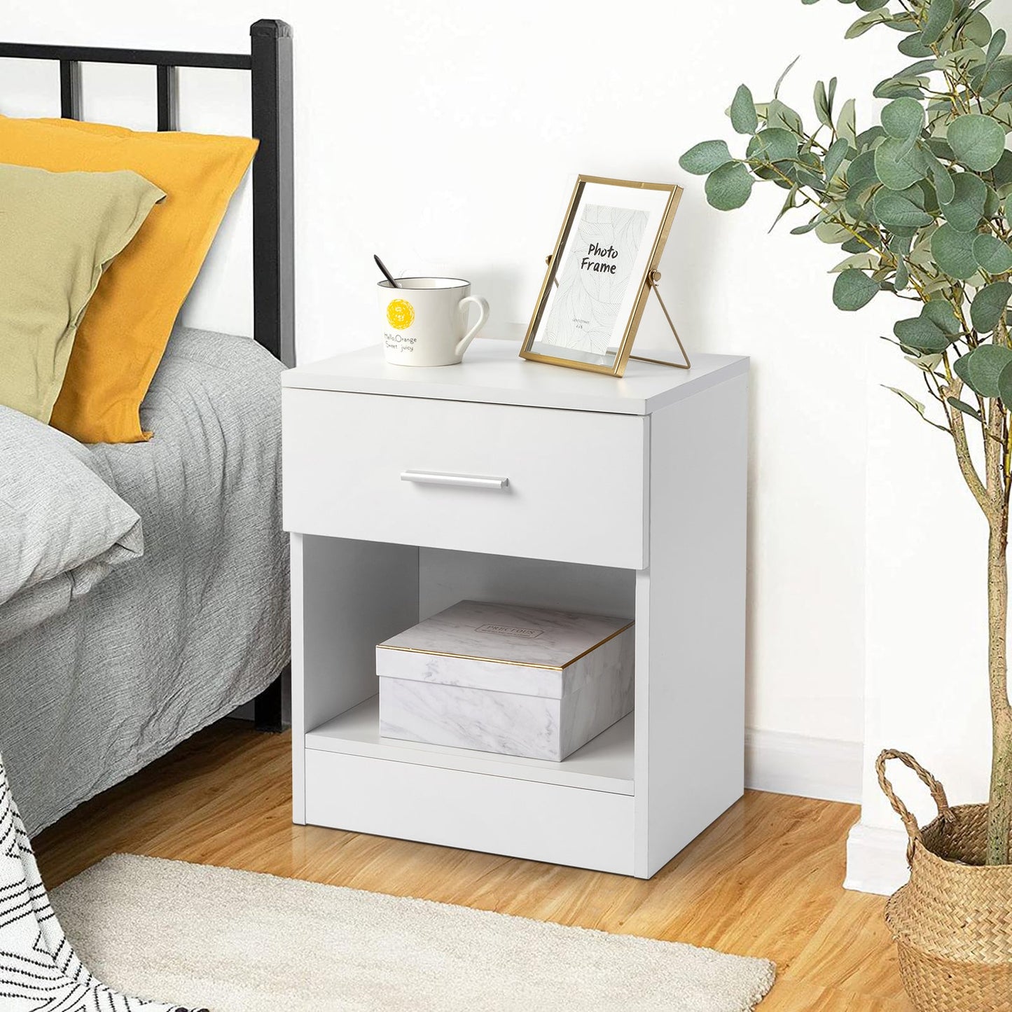 Set of 2 White Bedside Tables with Drawer & Shelf - 2-Tier Nightstands
