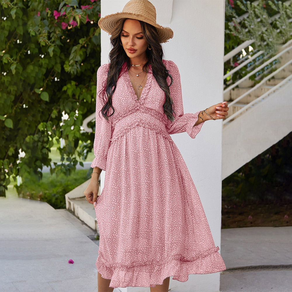 Spring And Summer V-neck Simple Print Dress For Women