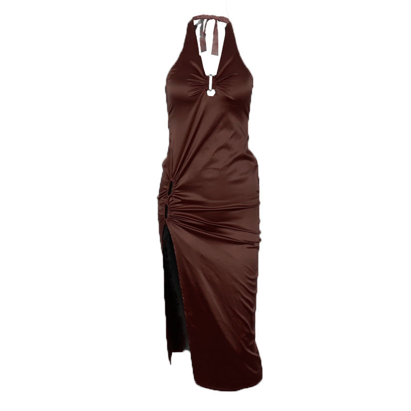Ladies Fashion Backless Halter V-Neck Dress