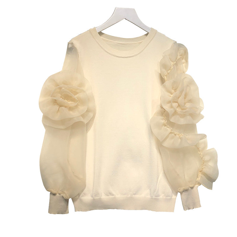 Women Spring Summer Knitted Organza Patchwork Lantern Sleeve