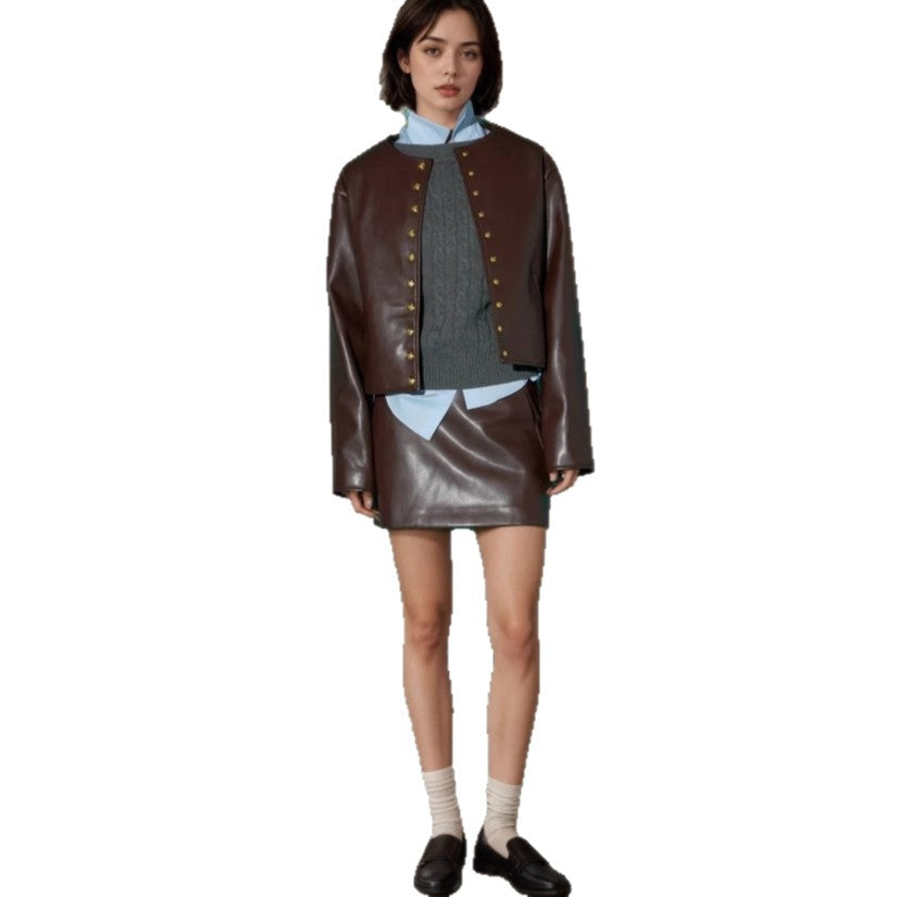 Gold Button Fashion Short Leather Coat