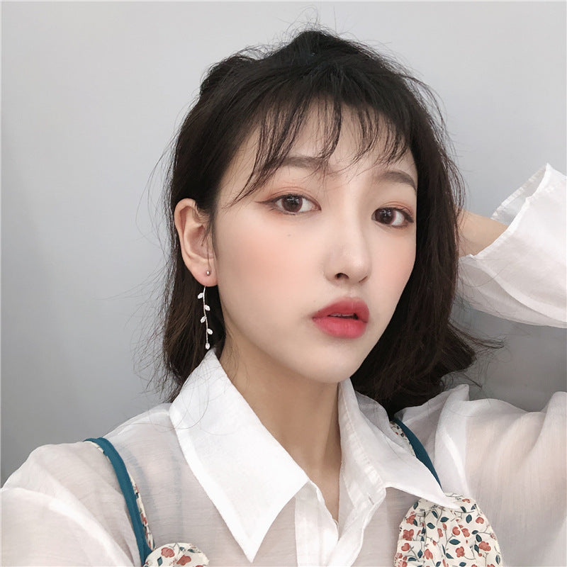 Korea Leaf Zircon Temperament All-match Long Tassel Earring