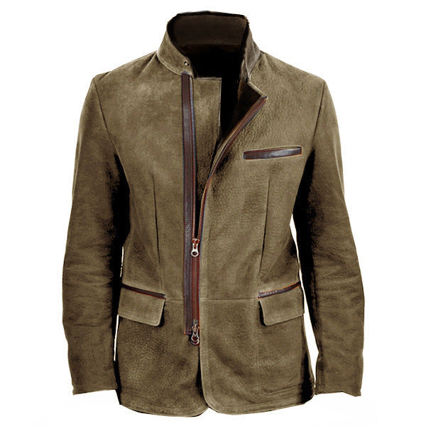 Vintage Jacket Men's Casual Coat Stand Collar Zipper Tooling Patchwork Top