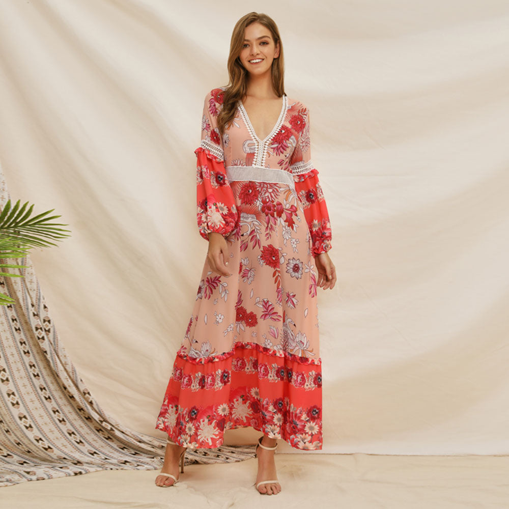 Printed V-neck patchwork puff sleeve dress