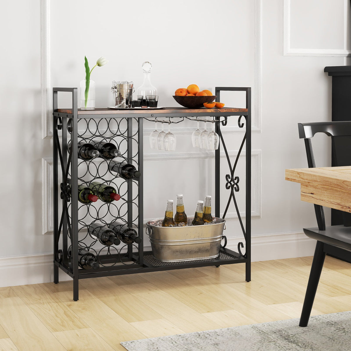 21 Bottle Wine Rack Freestanding with Glass Holder and Wooden Countertop-Rustic Brown
