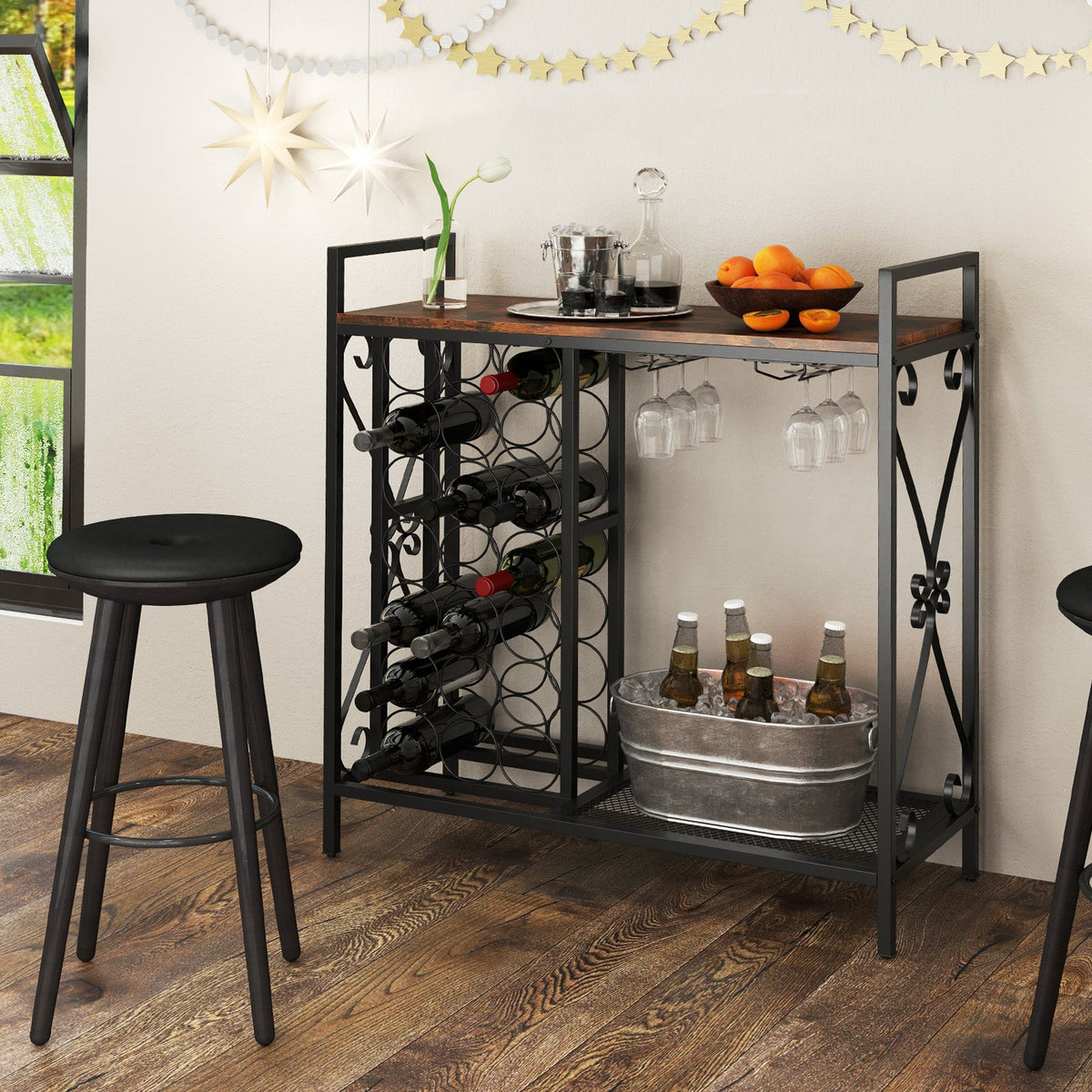 21 Bottle Wine Rack Freestanding with Glass Holder and Wooden Countertop-Rustic Brown