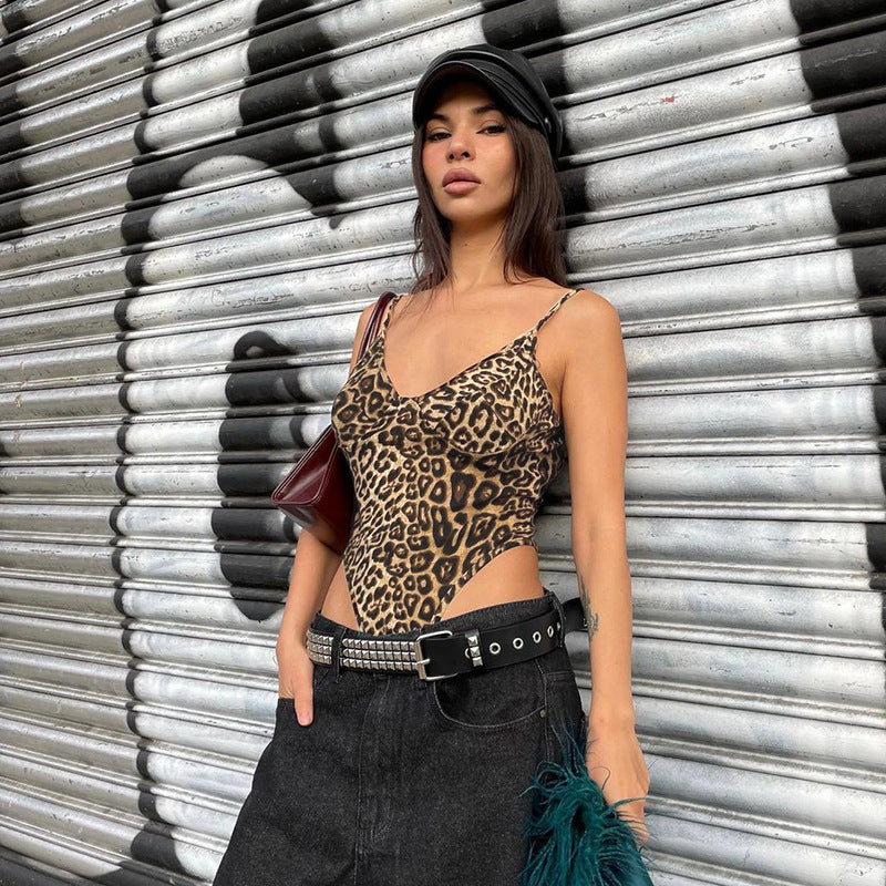 Women's Summer Leopard Print V-neck Sling Backless Bodysuit