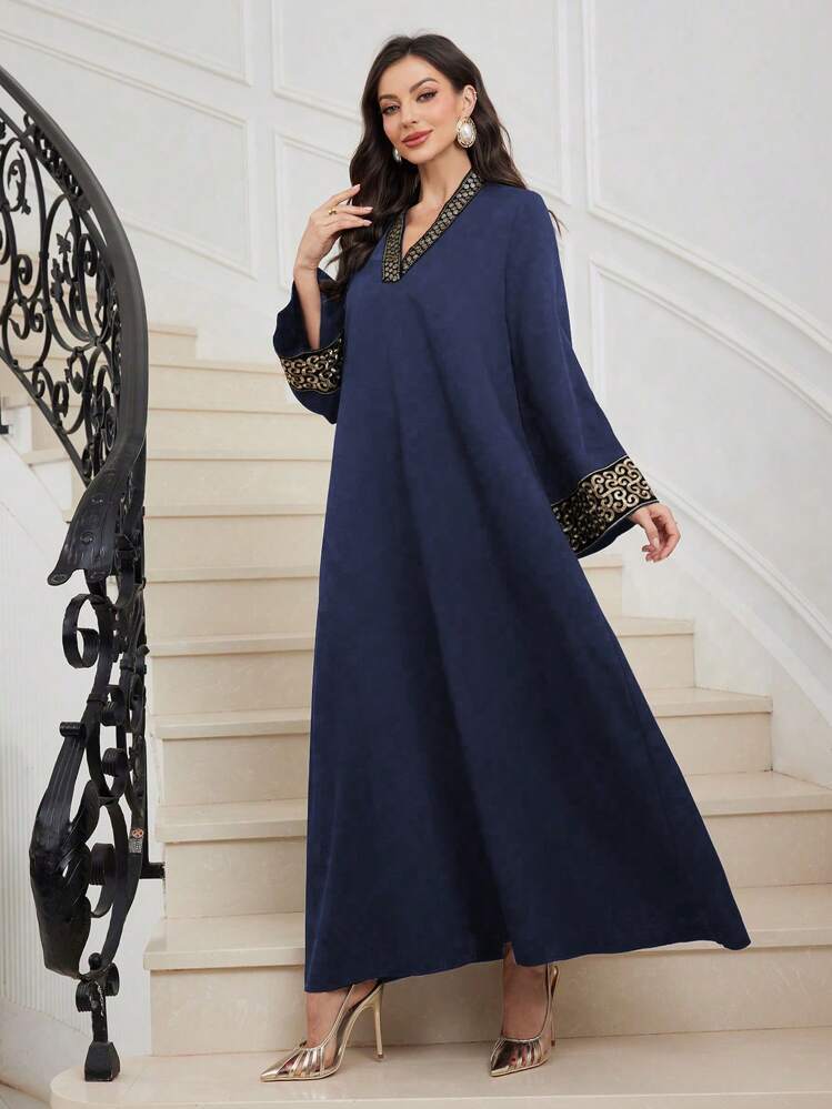 Embroidered Trim Patchwork V-neck Waist Flared Dress
