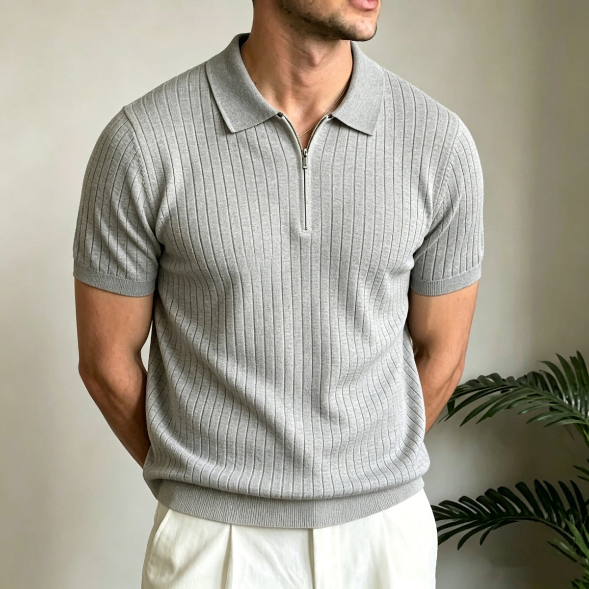 Old-money-style Lapel Zip-up Short-sleeve T-shirt Knit Sweater
