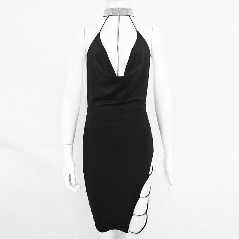 Rhinestone Sparkle Patchwork Neck Dress