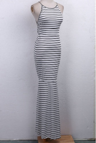 Black and white striped slim sling backless sexy dress