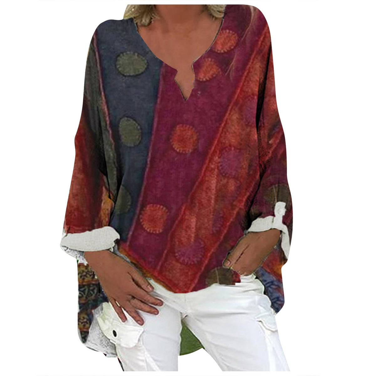 Printed Patchwork V-neck Long Sleeve Plus Size Dress