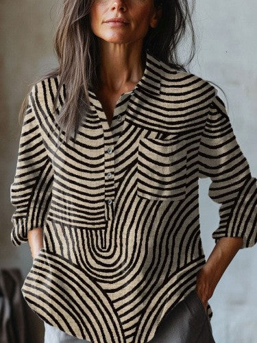 Women's Printed Casual Half Button Lapel Long Sleeve Top