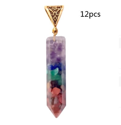 Seven Chakra Natural Crushed Stone Hexagon Column Necklace Aura Pendant