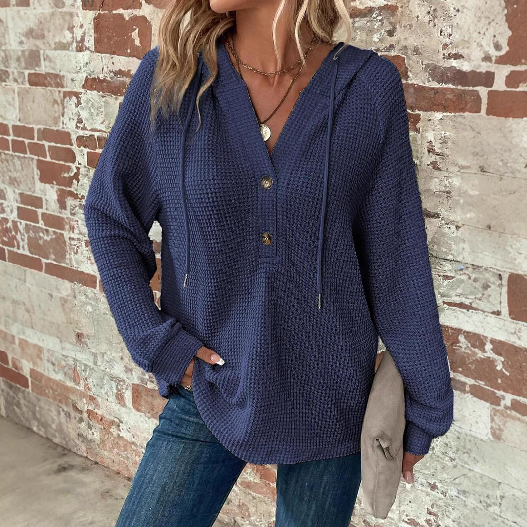 Waffle Hooded Sweater Sweatshirt Fashion Casual Long-sleeved Drawstring V-neck Buttons Top Women's Clothing