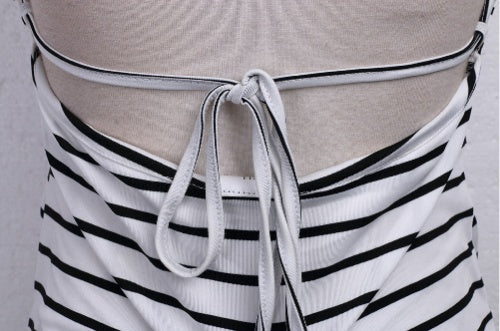 Black and white striped slim sling backless sexy dress