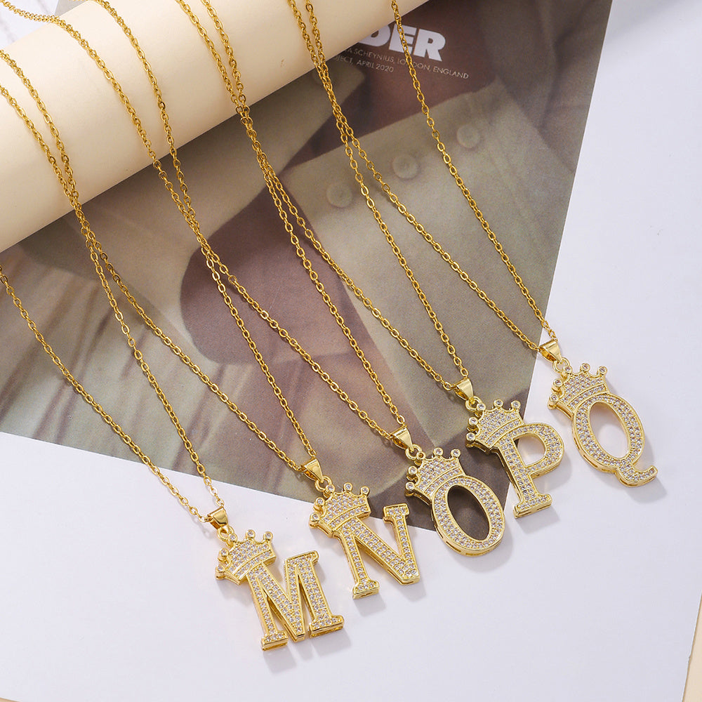 1PCS Fashionable Gold Diamond Crown Uppercase Letter Popular Pendant Necklace Suitable For Daily Use Festivals Parties Gifts Jewelry Set