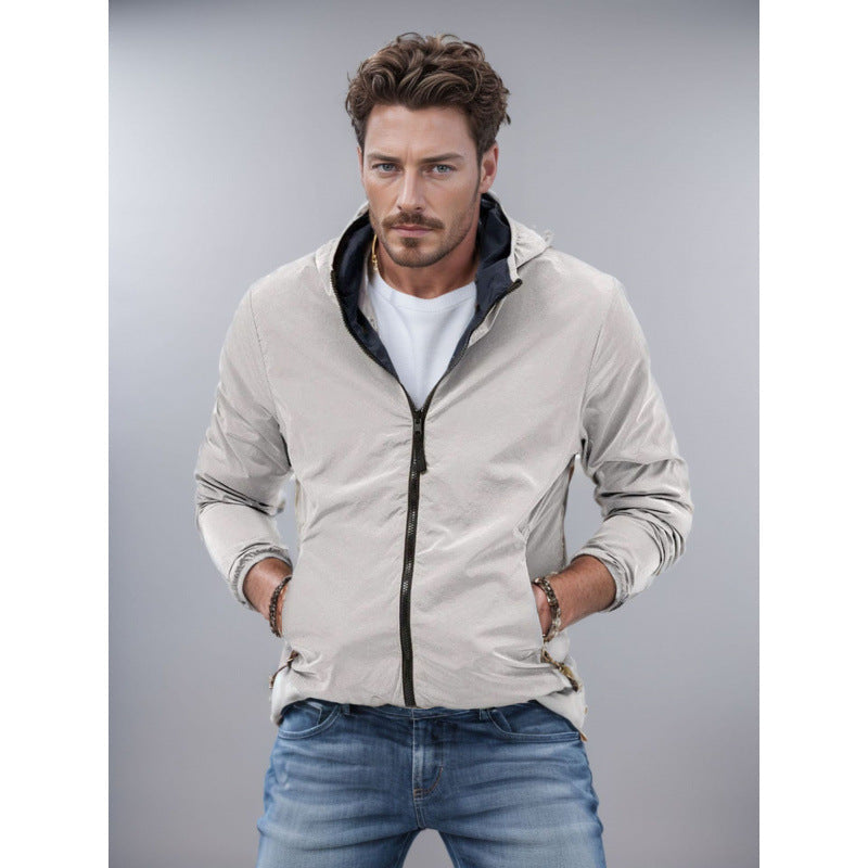 Mens Clothing Solid Color Zipper Reversible Trendy Coat