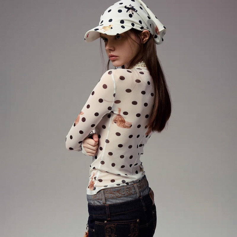 Versatile Animal And PolkaDot Printed Cropped LongSleeve Top With A Defined Waist