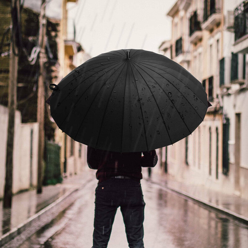 24 Rib Large Windproof Umbrella Strong Storm Resistant Classic Black Durable