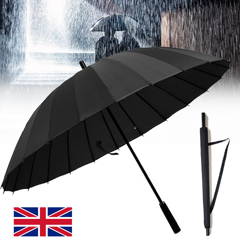 24 Rib Large Windproof Umbrella Strong Storm Resistant Classic Black Durable