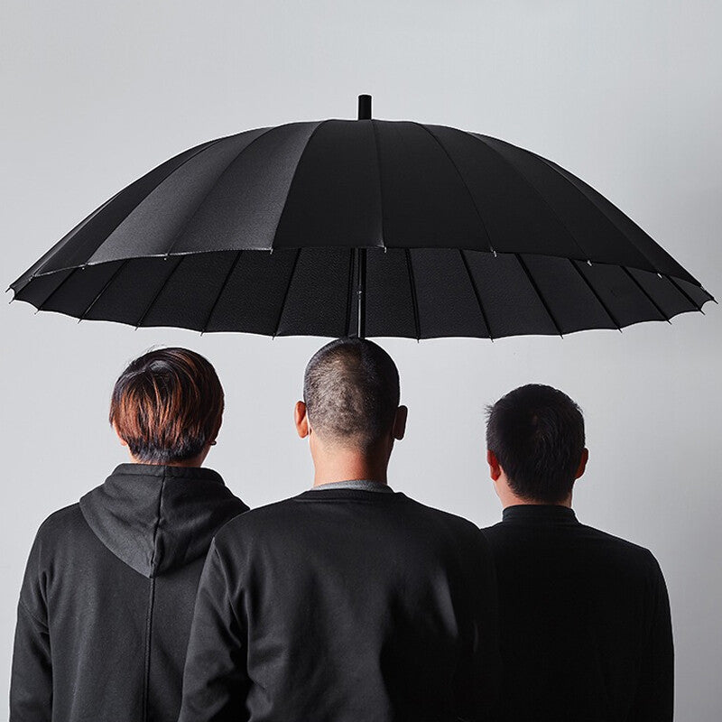 24 Rib Large Windproof Umbrella Strong Storm Resistant Classic Black Durable