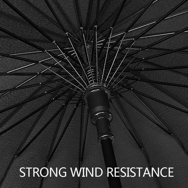 24 Rib Large Windproof Umbrella Strong Storm Resistant Classic Black Durable