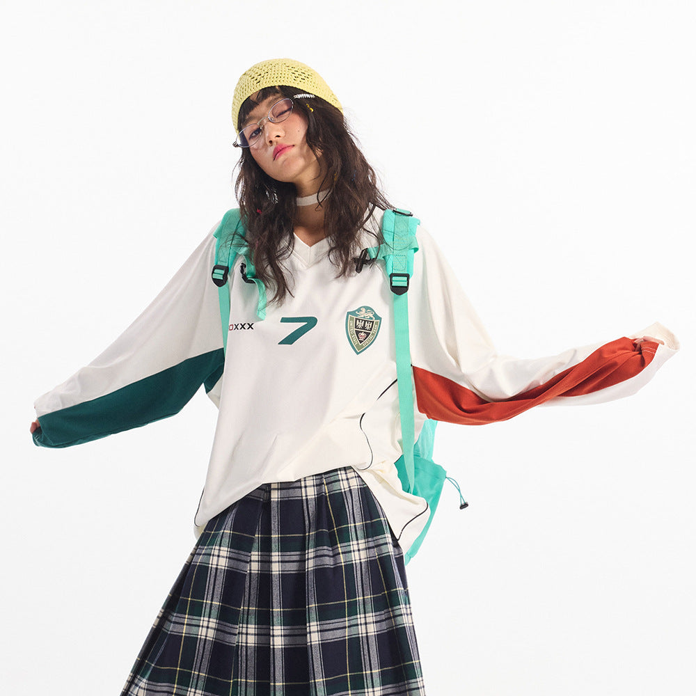 Hip Hop Trend Color Contrast Patchwork Long Sleeve V-neck Sports