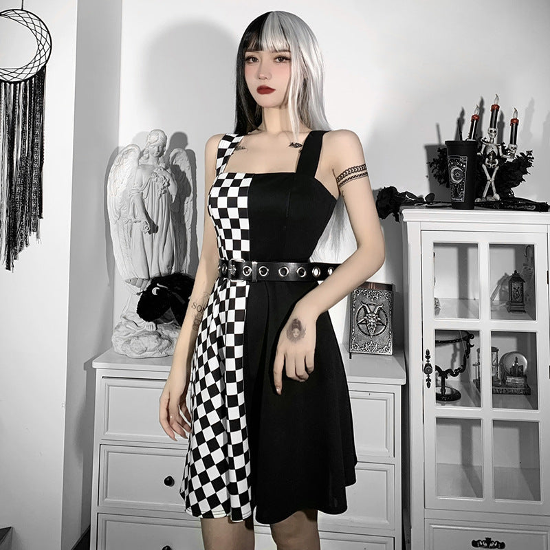 Black And White Plaid Contrast Stitching Strap Dress Female Summer