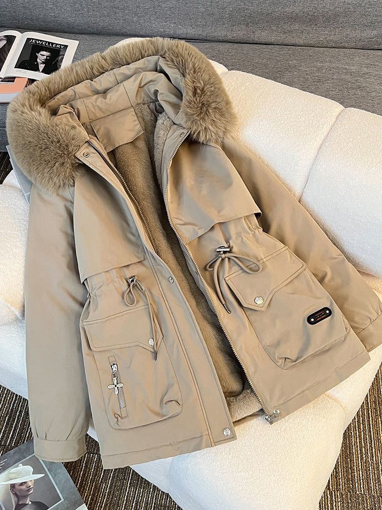 Fur Collar Fashionable All-matching Jacket Hooded Warm Cotton-padded Coat