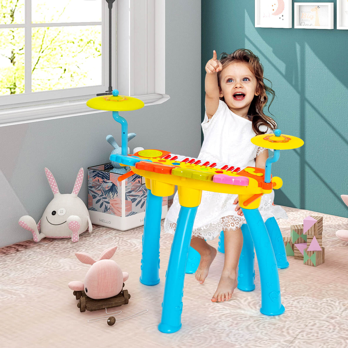 24 Keys Piano Keyboard Drum Set with Stool and Microphone for Kids-Blue