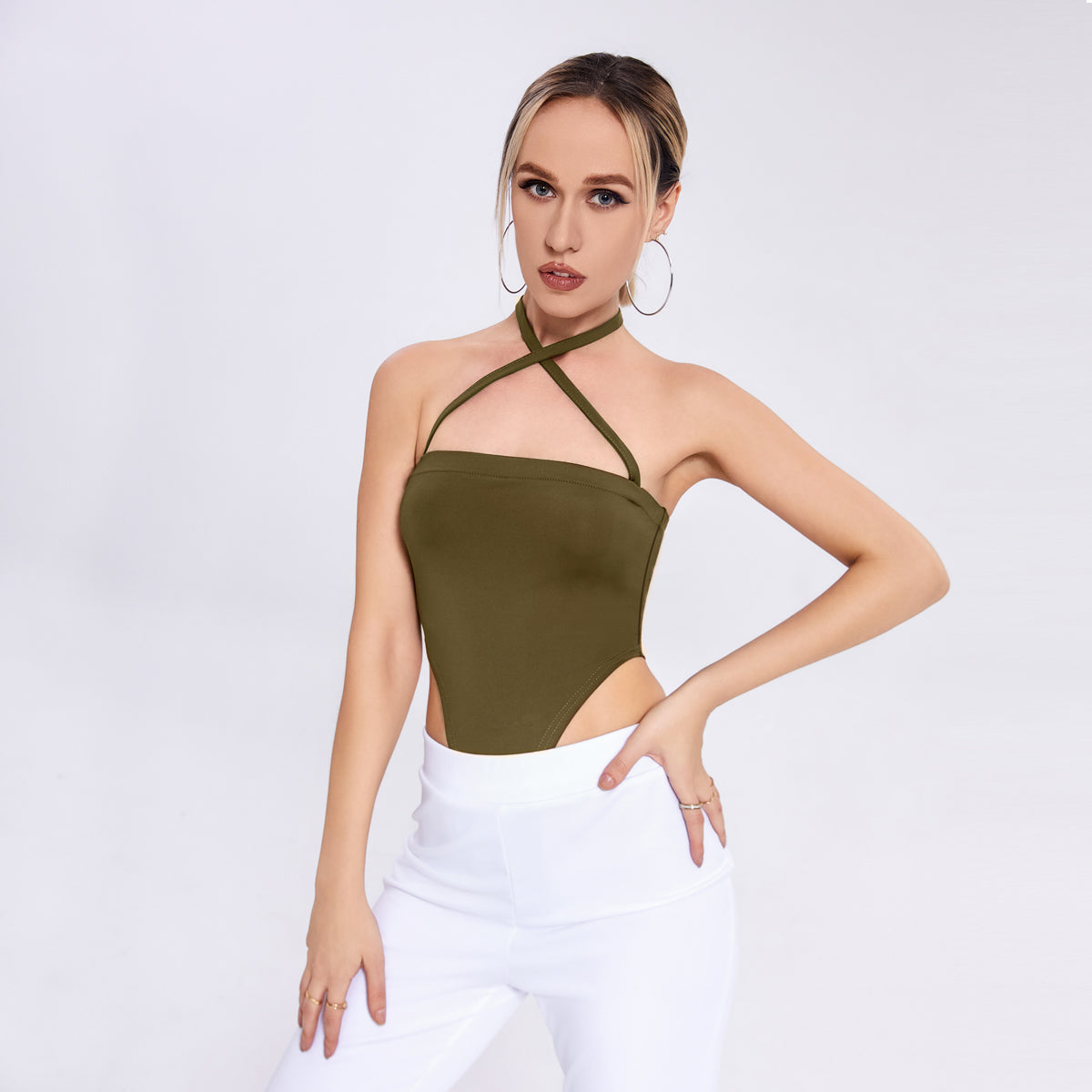 Fashion New Women’s One -word Collar Hanging Neck Band -lap Background Bodsuit
