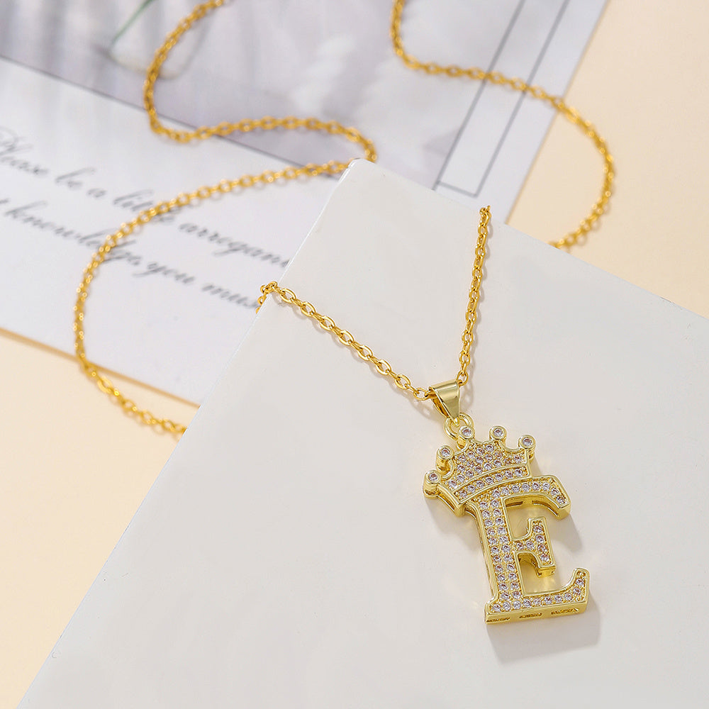 1PCS Fashionable Gold Diamond Crown Uppercase Letter Popular Pendant Necklace Suitable For Daily Use Festivals Parties Gifts Jewelry Set