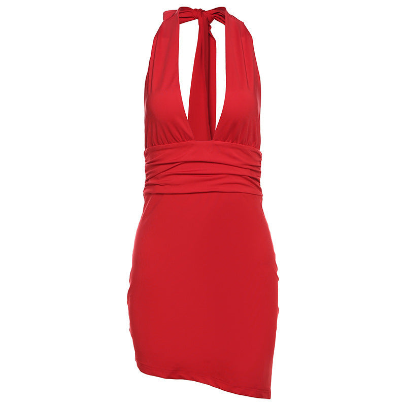 Deep V-neck Backless Pure Color Halter Dress
