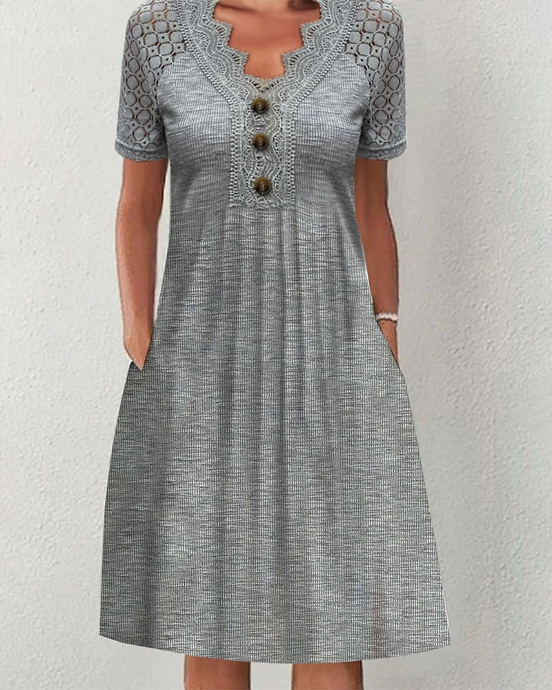 Summer Solid Color Lace V-neck Patchwork Dress