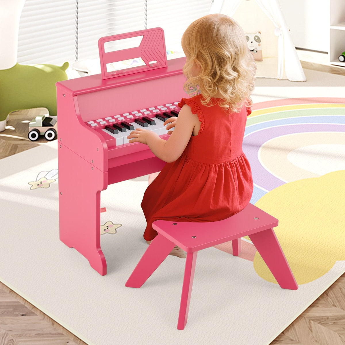 25 Lighted Keys Kids Piano Keyboard with Stool and Adjustable Speed-Black