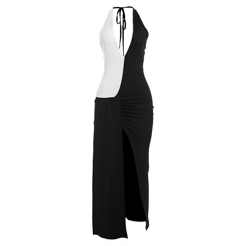 Black And White Contrast Color Split Dress Women